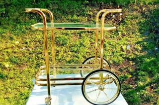 Vintage Hollywood Regency Mid Century 2 Tier Brass Rolling Glass Bar Tea Cart