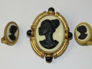 Vintage Coreen Simpson Black Woman Cameo Brooch Earrings Set