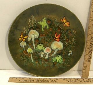 Vintage Mcm 11 " Enamel On Copper Plate Roxie Mooradian Frog Mushroom Butterfly