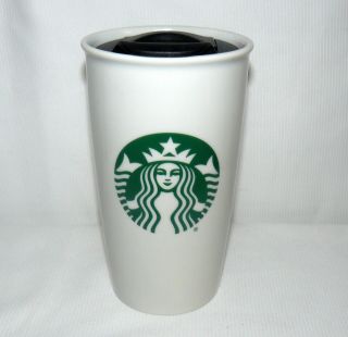 Starbucks Ceramic White Green Siren Logo Travel Tumbler Mug Cup 12 Oz.