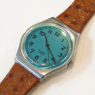 Vintage Swatch Watch " Greenie " Gx110 1989 Classy Silver Leather Strap