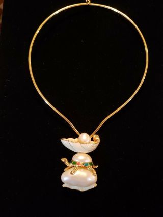 Vintage Signed Hattie Carnegie Enamel Turtle Brooch Pendant Pearls