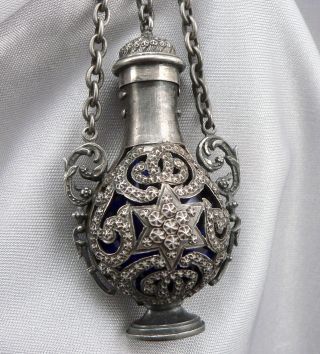 Antique Victorian Sterling Silver Cobalt Blue Glass Chatelaine Bottle Perfume