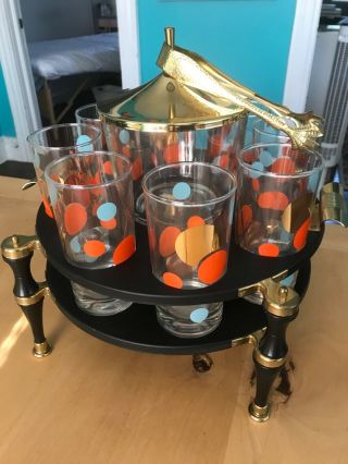 Mid Century Cocktail Set Of 8 Highball Glasses And Ice Bucket With Tongs In Tray