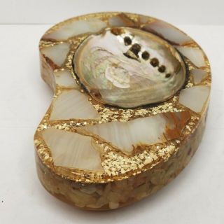 Vintage Mcm Gold Lucite Abalone Shell Trinket Dish Ashtray Glitter Resin 1960s
