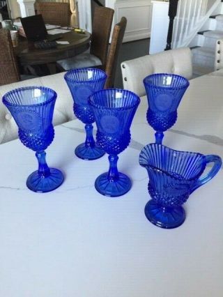 Vintage Avon Fostoria Cobalt Blue Glass Goblet George & Martha Washington Set