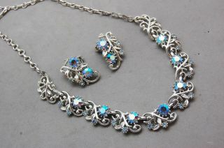 Mid Century Modern Designer Coro Parure Necklace Earring Set Ab Blue Silvertone