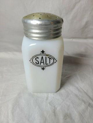 Vintage White Milk Glass Salt Shaker 5 ".  Retro Mcm Black Letters
