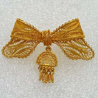14k Vintage Bow Brooch Pin Ribbon Yellow Gold Filigree 6.  4 Gr Jewelry