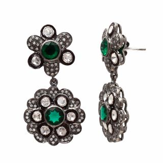 Russian Rose Diamond Polki,  Lush Green Emerald Victorian Women English Earrings