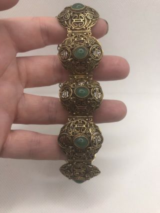 Antique Chinese Export Detailed Silver Gilt Aventurine Bracelet 36g