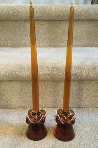 Vintage Honey Amber Lucite Grape Candle Holders & Candles Mid Century