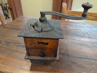 Vintage Lf& C Cast Iron & Wood Coffee Grinder Hand Crank Mill Wooden Drawer