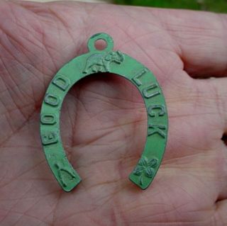 Vintage Old Green Metal Good Luck Horseshoe Charm Pendant Cracker Jack Toy Prize