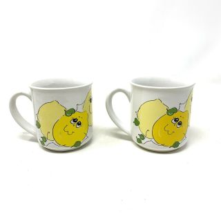 Vintage Nancy Lynn Yellow White Lemon Ceramic Mugs Smiling Made In Usa