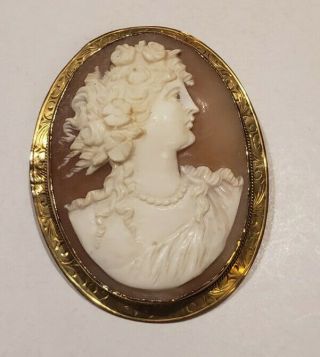 Vintage Antique 10k Yellow Gold Carved Shell Cameo Pendant Pin Brooch 2 1/4 "