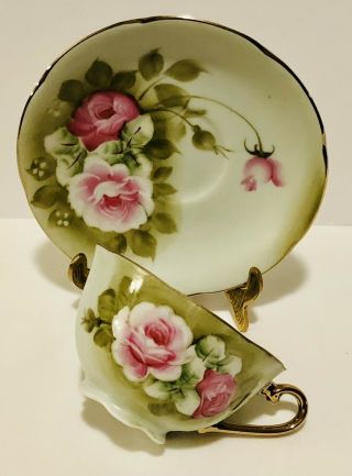 Lefton China Green Heritage Pink Roses Vintage Cup & Saucer,  Teacup