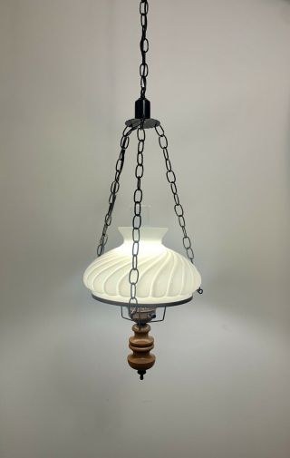 Vintage Milk Glass Hurricane Swag Hanging Lamp 12”across With Chimney Insert