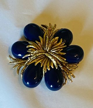 Vintage Oscar De La Renta Blue Faux Lapis And Crystal Flower Brooch