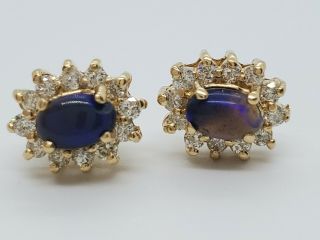 14k Yellow Gold Oval Black Opal Australian 24 Diamond Halo Stud Earrings Estate
