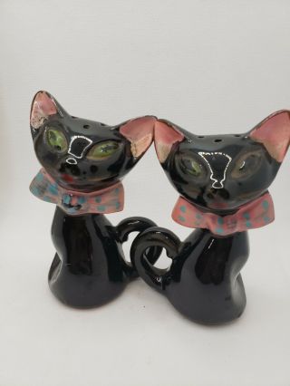 2pc Set Vintage Redware Black Pink Siamese Cat Figure Salt And Pepper Shakers