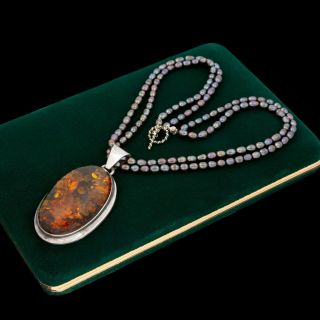 Antique Vintage Deco Sterling Silver Baltic Amber Tahitian Pearl Necklace 51.  8g