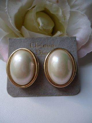 Dior Vintage 1980s Couture Huge Iridescent Faux Pearl Goldtone Clip Earrings