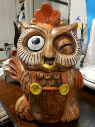 Vintage Mid Century Winking Owl Cookie Jar Pottery Retro Kitchen Overalls