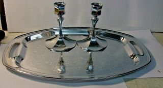 Vintage Irvinware Chrome Etched Platter Tray 14 " X 9 " And 2 Candleholders 4 1/2