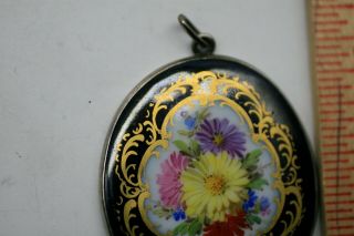 Antique 835 SILVER Meissen Porcelain Hand - Painted Flower Bouquet Oval Pendant A1 2