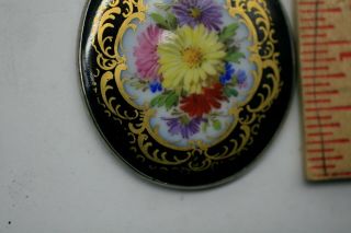 Antique 835 SILVER Meissen Porcelain Hand - Painted Flower Bouquet Oval Pendant A1 3