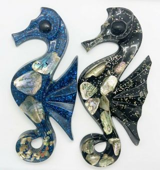 Seahorse Acrylic Lucite Resin And Abalone Shell Wall Plaque Set Of 2