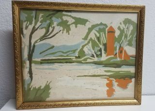 Vintage Framed Paint By Number ? Outdoor Scene Greens Yellows 8 X 10 "