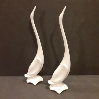 Set Of 2 Vintage Mcm White Porcelain Long Neck Crane Bird Sculpture Statue White