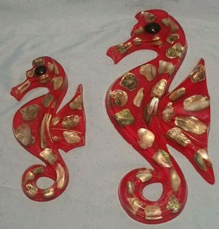 (2) Vintage Red Seahorse Wall Hangins,  Acrylic Lucite/abalone Shells Never Hung