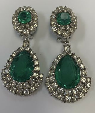 Rare Vintage Signed Ciner Emerald And Clear Rhinestone Earrings Runway