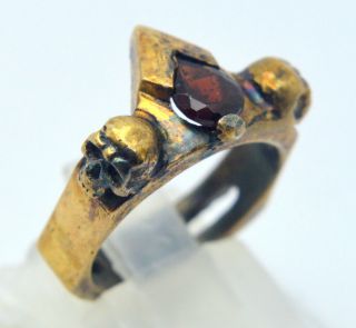Antique Unique Masonic Freemasonry Skull Memento Mori Ring Bronze Garnet