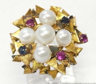 Funky 14k Gold Ruby Sapphire Pearl Ring Midcentury Patriotic Cubist Freeform