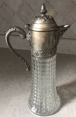 Vintage Silver Plate Ornate Pressed Glass Pitcher/ Claret Jug/ Carafe /decanter