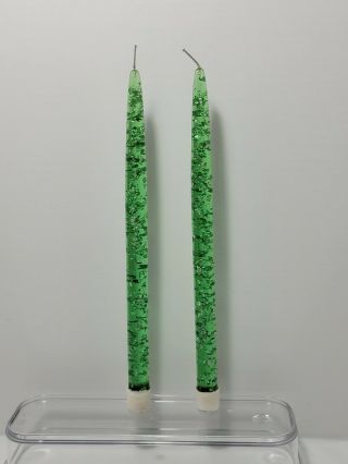 Mcm Green Lucite Taper Candles With Silver Flecks.  Set Of 2,  Retro 12 "