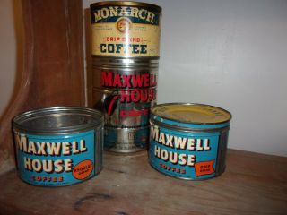 4 Vintage Coffee Tins - - 3 - Maxwell House - 1 - Monarch.