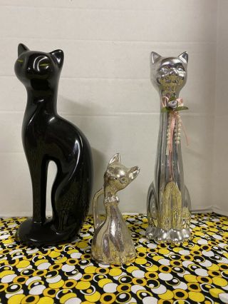 Vintage Mcm Ceramic Cat Trio Kitsch Long Neck Kitten Figurines