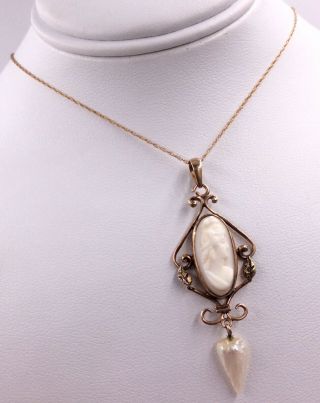 10k Yellow Gold Victorian Shell Cameo & Pearl Lavalier 19 " Necklace