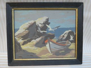 Vintage Paint By Numbers Framed Art: Sea,  Boat,  Seagull,  Rocks