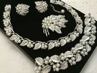 Trifari Set Pearl Rhinestone Necklace Bracelet Earrings Brooch Silvertone Leaves