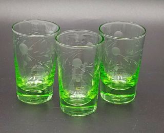 Vintage Set Of 3 Green Etched Depression Glass Small Shot Glasses