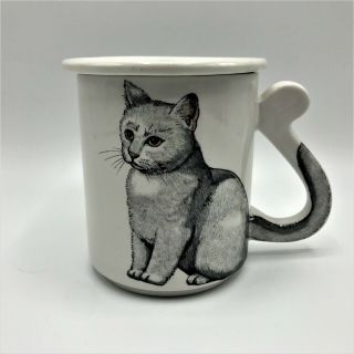 Vintage Cat Kitty Tea Coffee Mug Cup Tail Handle W/lid Paws White Gray