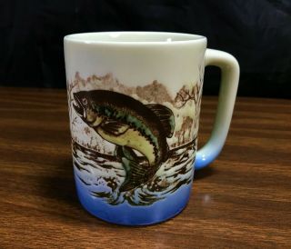 Otagiri Hand Painted Bass Fishing Coffee Mug Made In Japan Embossed Cup Vintage