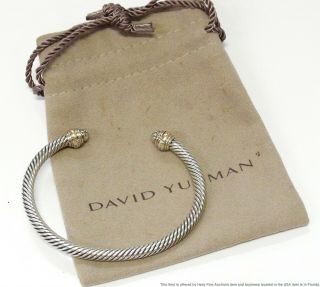 David Yurman Diamond Bracelet 14k Gold Sterling Silver Cable Cuff 7in W Pouch
