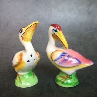 Vintage Pink And Yellow Pelican Bird Salt And Pepper Shakers W/ Stoppers Japan
